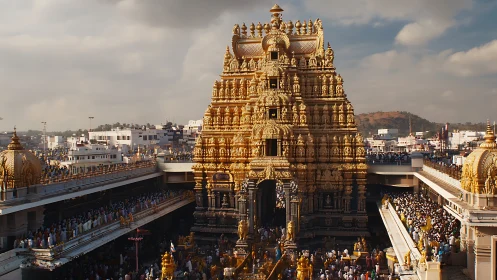 Gilded temple tower glows above a river of pilgrims below.