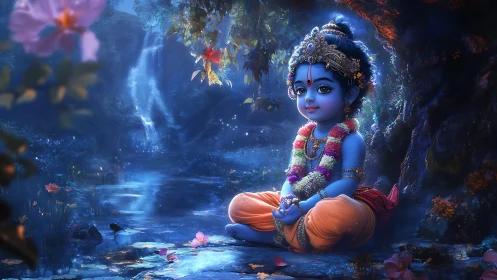 Moonlit blue child deity rests by a shimmering forest stream.