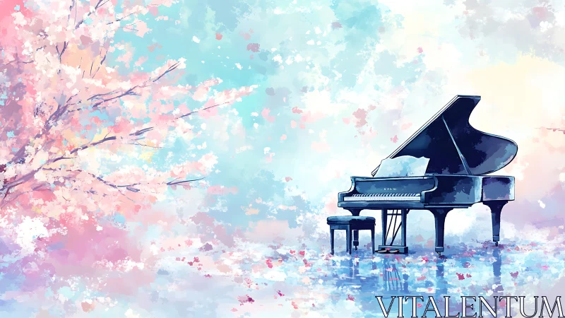 Grand piano under pastel cherry blossoms at sunrise.