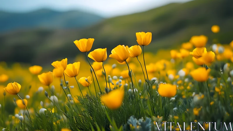 Shallow depth-of-field botanical study of yellow tulip species in alpine meadow landscape