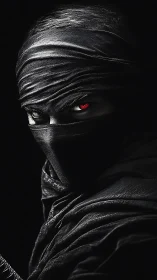 Cinematic ninja portrait in dramatic low key monochrome lighting.