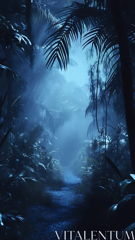 Moonlit jungle corridor beneath woven palm canopy.