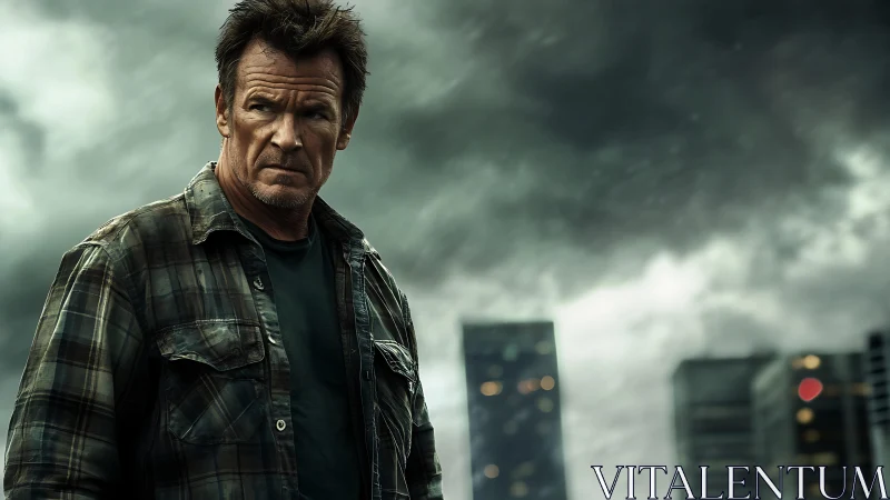 Weathered urban sentinel bracing against a storm-wrung sky.