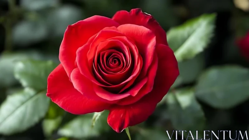 Red Rose in Full Bloom with Green Foliage Background
