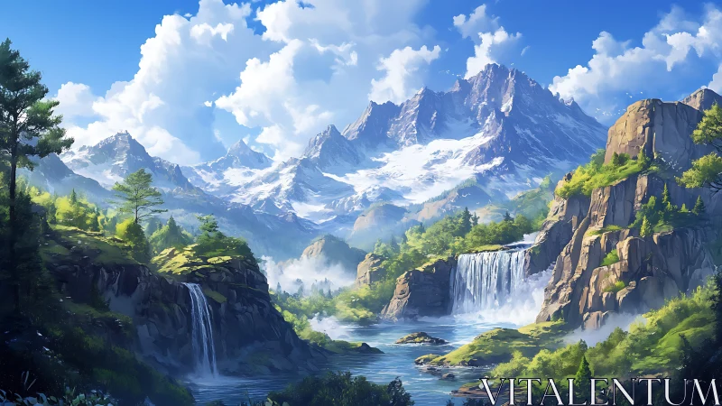 Snowy mountain range with waterfalls in bright daylight.