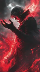 Dark coated figure with red energy aura in stormy sky.