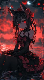 Blood-red moonlit fox girl in gothic frills by water.