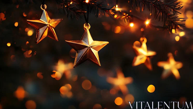 Gold star ornaments on tree branches with warm lights.