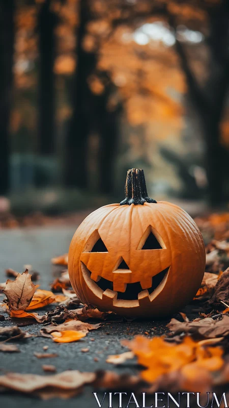 Autumn path jack o’lantern under shallow depth-of-field focus.