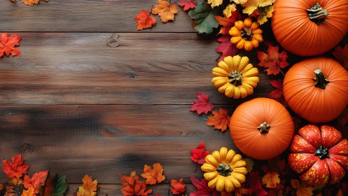 Autumn pumpkins arranged on rustic wooden tabletop.
