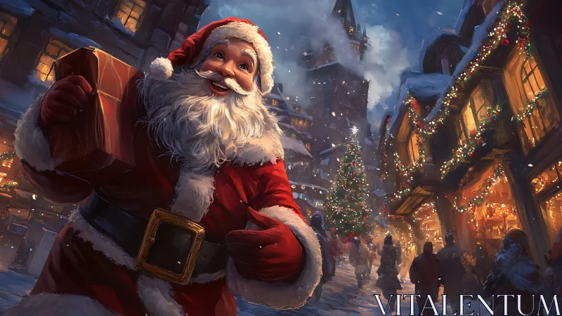 Santa with gift box in illuminated snowy Christmas street