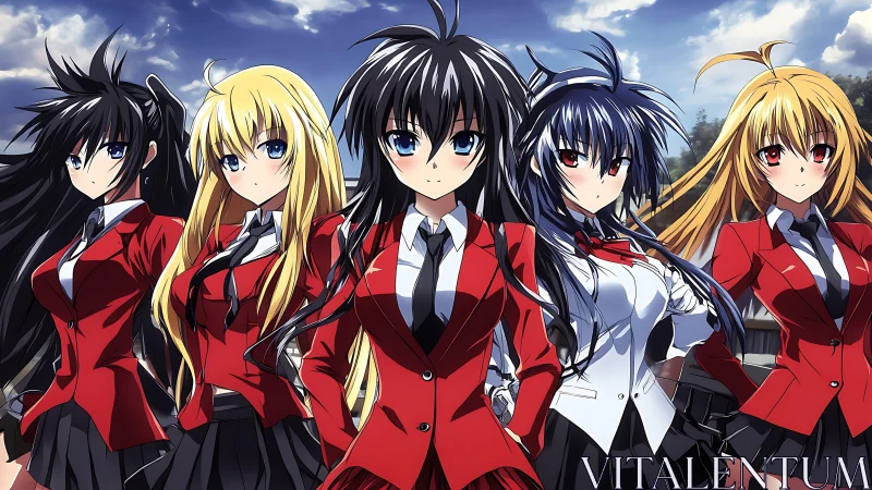 Anime school heroines in red uniforms under vivid sky.