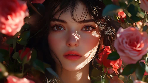 Soft sunlight meets a serene face framed by blooming roses