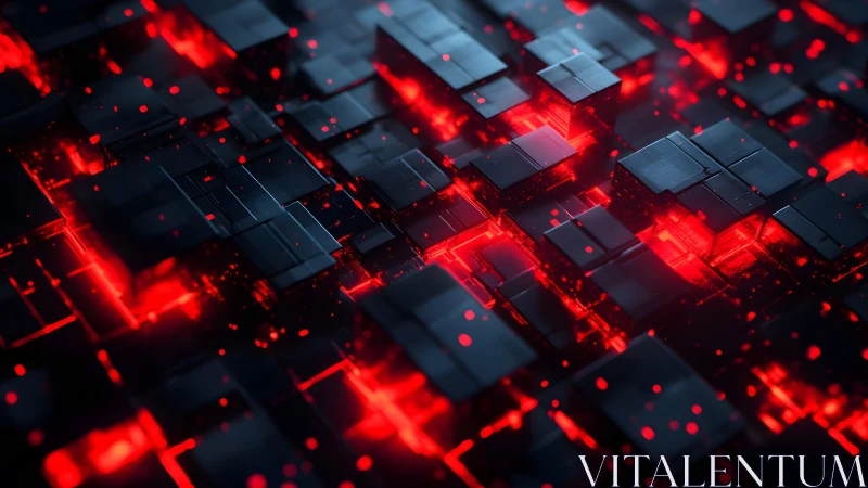Futuristic black cubes with glowing red highlights in digital style.
