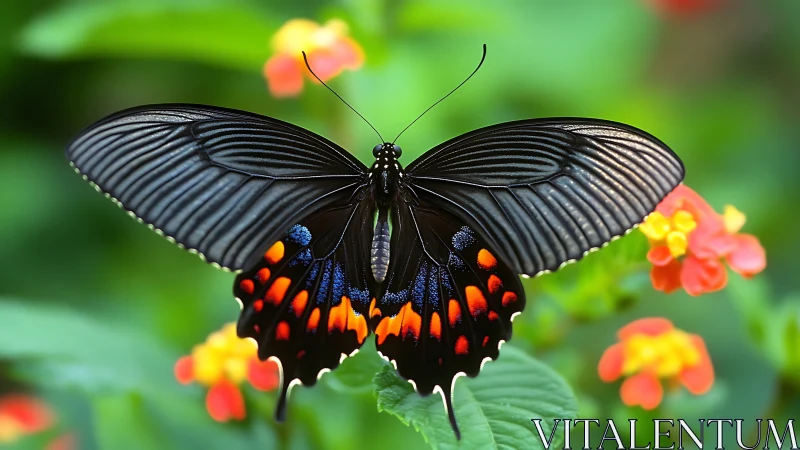 Black butterfly with orange spots on green foliage.