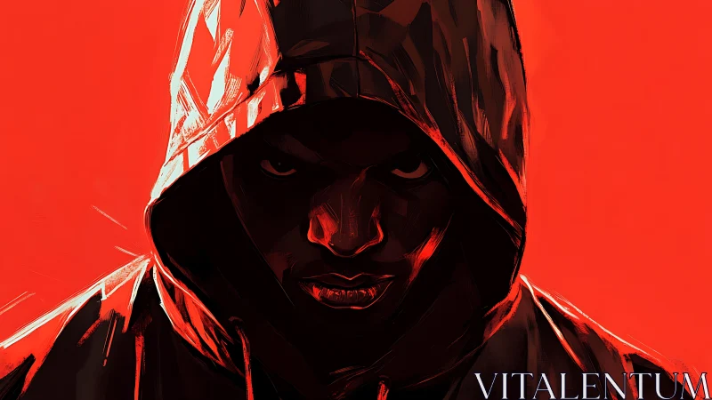 Hooded shadow grins inside a crimson storm of intent.