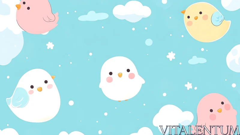 Round pastel birds float in bright blue cartoon sky