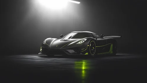 Sleek black supercar rests under a dramatic spotlight glow
