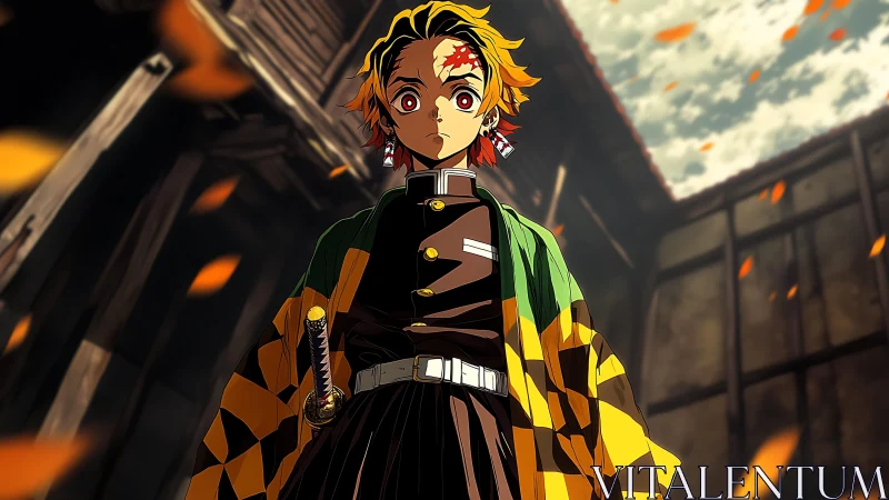 Sword-ready hero drinks in falling embers and rising sky