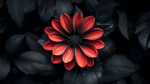 Red flower with dark foliage background.