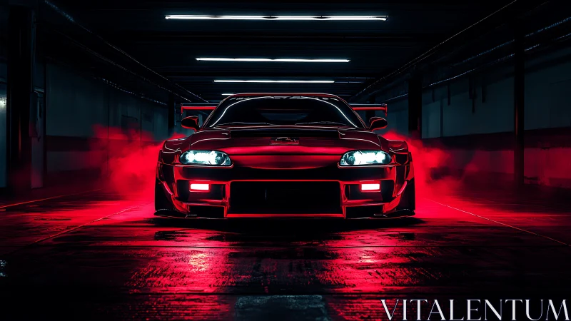 Street-lit red sports car glowing with moody neon energy.
