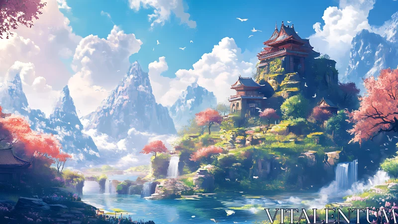 Mountain temple sanctuary over crystal waterfalls, spring bloom.