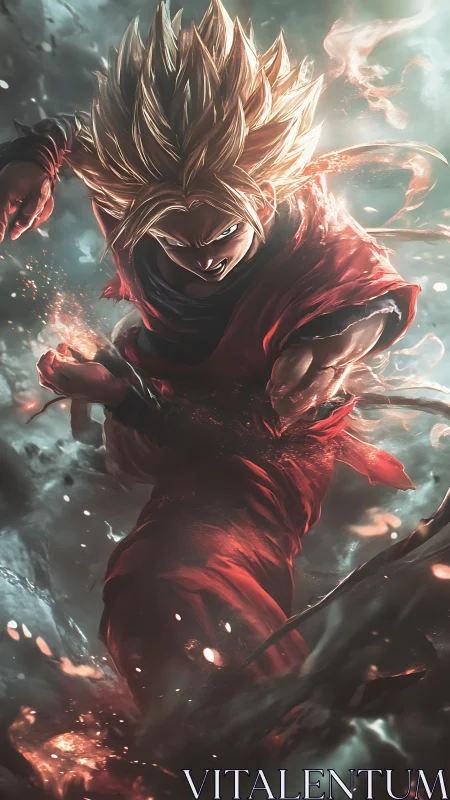 Blazing warrior in midair surge of swirling energy.