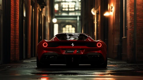 Scarlet supercar idles in moody brickwork alley glow.