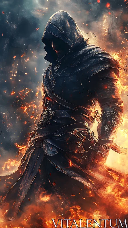 Hooded rogue in charred leather armor strides through dynamic flames