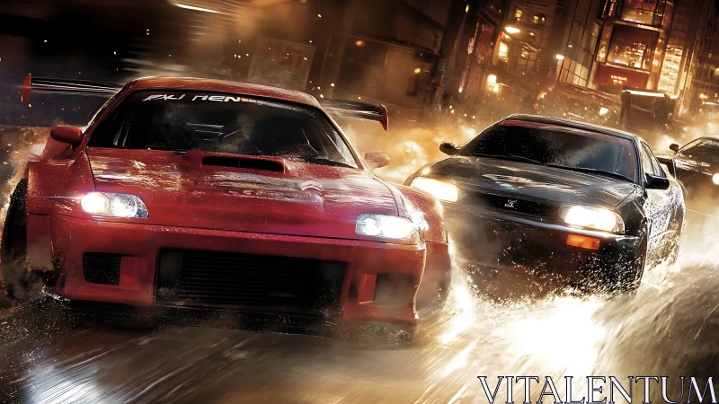 High-velocity tuner cars cornering through wet neon avenue.