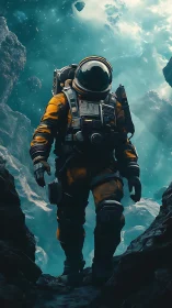 Solitary astronaut walking through rugged asteroid field.