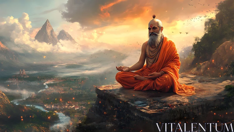 Monastic yogi in luminous mountain vista, atmospheric depth study.