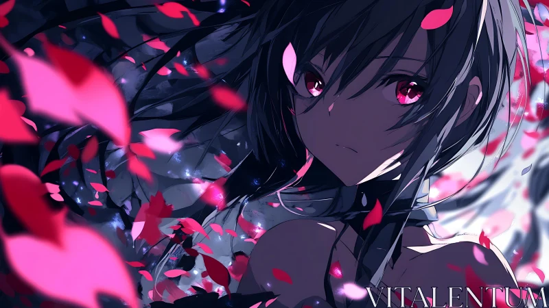 Petal vortex around crimson-eyed anime heroine portrait.