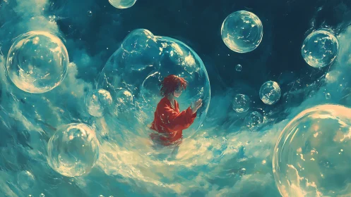 Red-haired youth drifts inside glowing bubble ocean dream