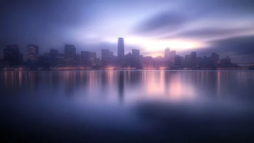 Urban waterfront skyline with soft reflections at dusk.