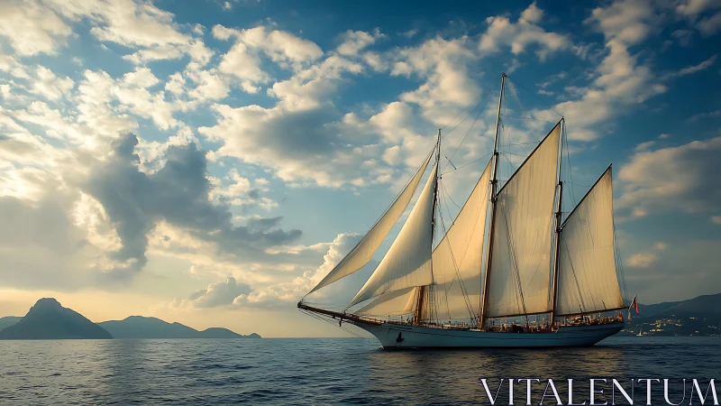 Four-masted sailing vessel on calm coastal waters at dusk.