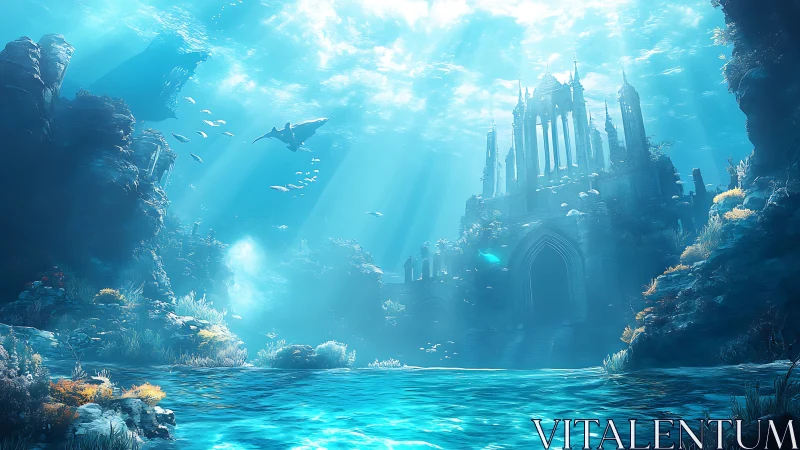 Sunlit underwater palace amid reefs and drifting sharks.
