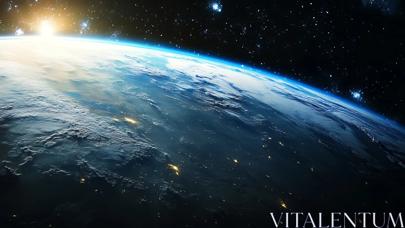 Sunrise over the blue Earth, where quiet clouds meet stars.