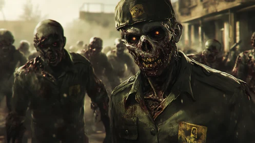 Undead soldiers advance through a ruined urban streetscape