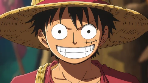 Straw hat anime boy smiling with wide eyes and bright teeth
