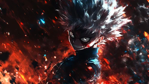 Storm-eyed antihero grins amid erupting inferno and starlit ash.