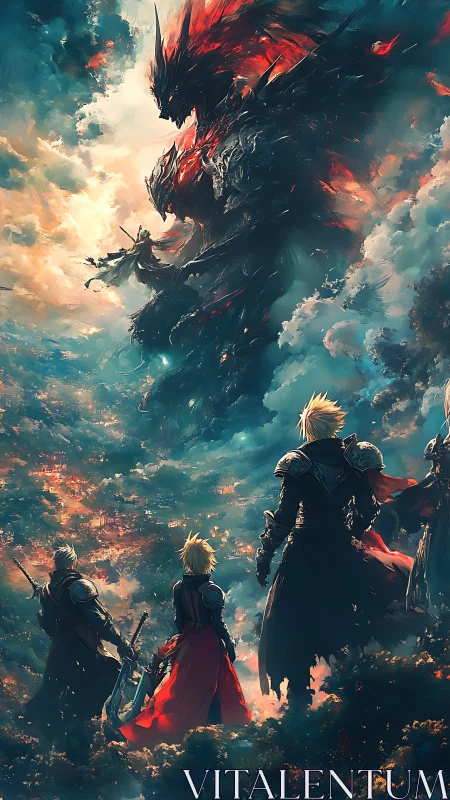 Skyward warriors confronting colossal draconic inferno.