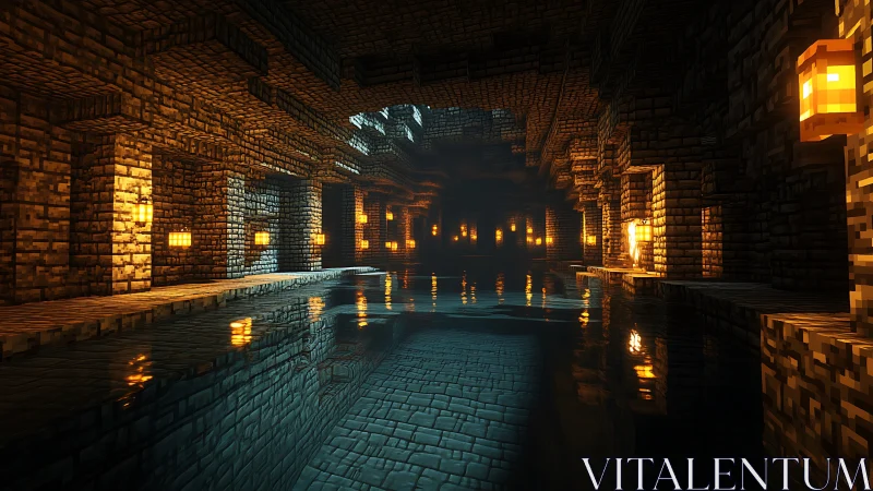 Torchlit voxel canal hums with echoing light and shadow