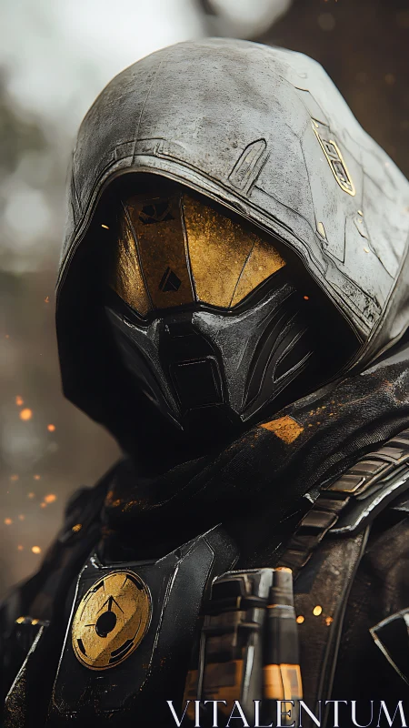 Hooded cybernetic sentinel stands in drifting embers at dusk.