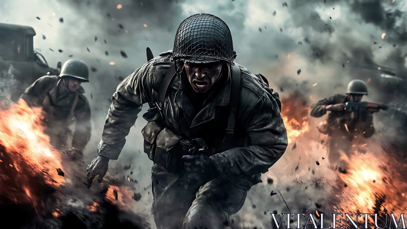 Infantry soldiers advance through battlefield explosions.