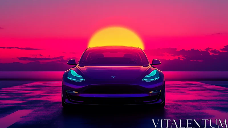 Electric car glows under neon sunset horizon in symmetry.
