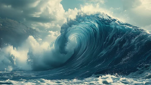 Titanic turquoise wave curls under storm-laden coastal sky.