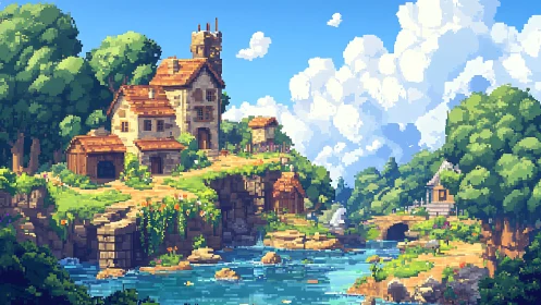 Pixel art fantasy village with castle structure over river landscape