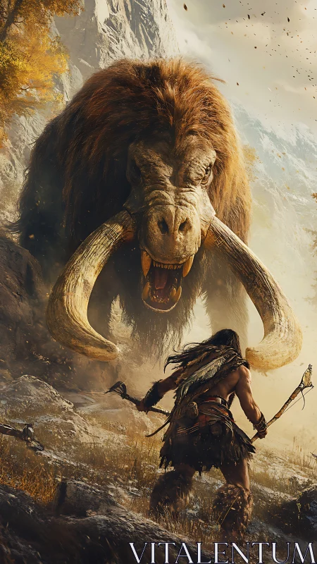 Dynamic prehistoric battle scene in cinematic digital painting.