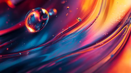 Glowing liquid waves cradle a single radiant floating droplet.